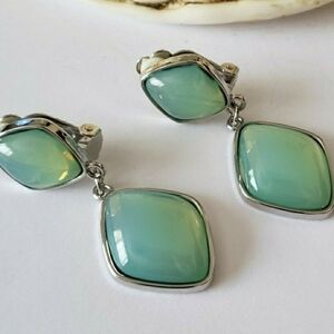 Clip On Elegant Silver and Green Dangle Earrings